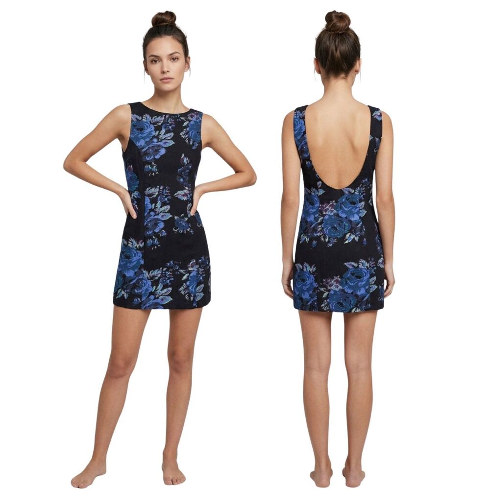 🌺 Free People NWT Black Floral Scoop Back Mini Dress XS